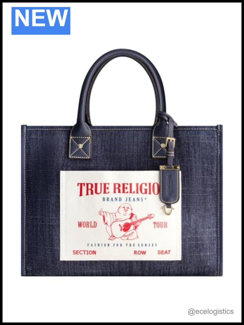 True Religion Denim Tote Bag with Buddha Logo Patch, Travel Handbag